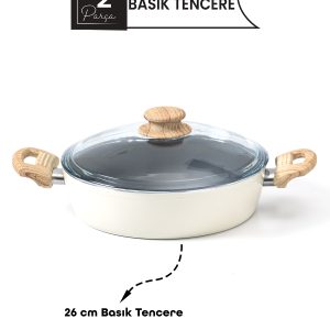 26 cm Seramik Basık Karnıyarık Tencere – Ahşap Kulplu, Cam Kapaklı, Krem Renk Yapışmaz Tencere
