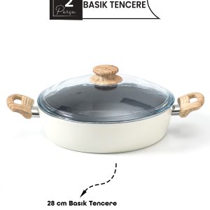 28 cm Seramik Basık Karnıyarık Tencere – Ahşap Kulplu, Cam Kapaklı, Krem Renk Yapışmaz Tencere