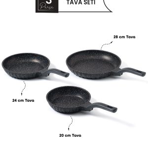 3’lü Siyah Döküm Tava Seti 20-24-28 cm – Granit Kaplama, Yapışmaz, Aile Boy Pişirme Seti