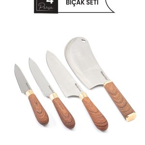 4 Parça Ahşap Saplı Profesyonel Mutfak Bıçak Seti – Paslanmaz Çelik Şef & Et Bıçakları