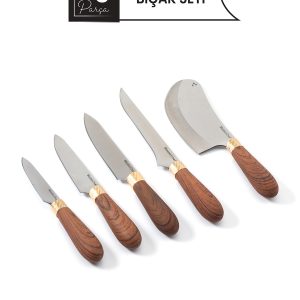 5 Parça Ahşap Görünümlü Saplı Bıçak Seti – Paslanmaz Çelik, Satırlı Profesyonel Mutfak Takımı