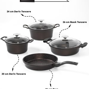 7 Parça Döküm Tencere Seti – 20 / 24 / 26 cm Cam Kapaklı, Granit Kaplama Tencere & Tava Seti