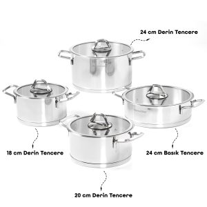 8 Parça Paslanmaz Çelik İndiksiyon Tabanlı Tencere Seti – 24 / 24 / 20 / 18 cm Cam Kapaklı