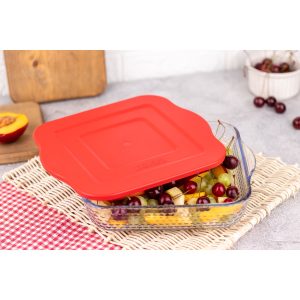 Borart Kırmızı Plastik Kapaklı Petek Desenli Kare Büyük Cam Tepsi